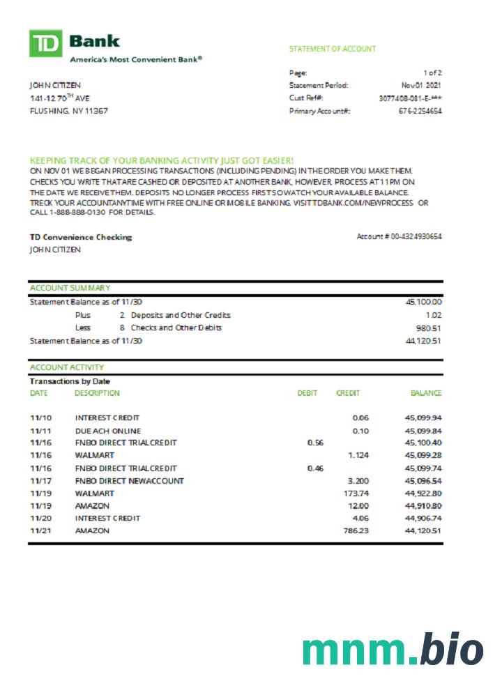 USA TD bank karta kredytowa wyciąg